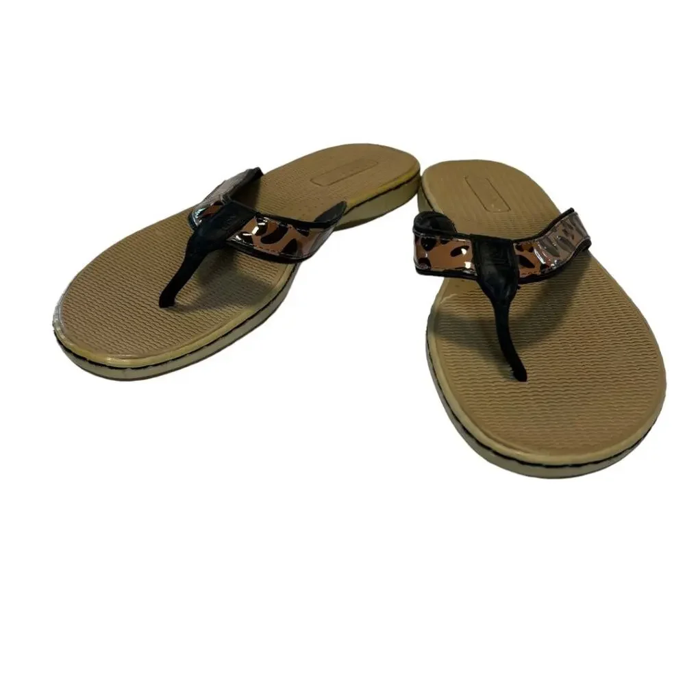 Sperry Top Sider Leather Flip Flop Sandals Tan Black Leopard Print Size 8m Comfy